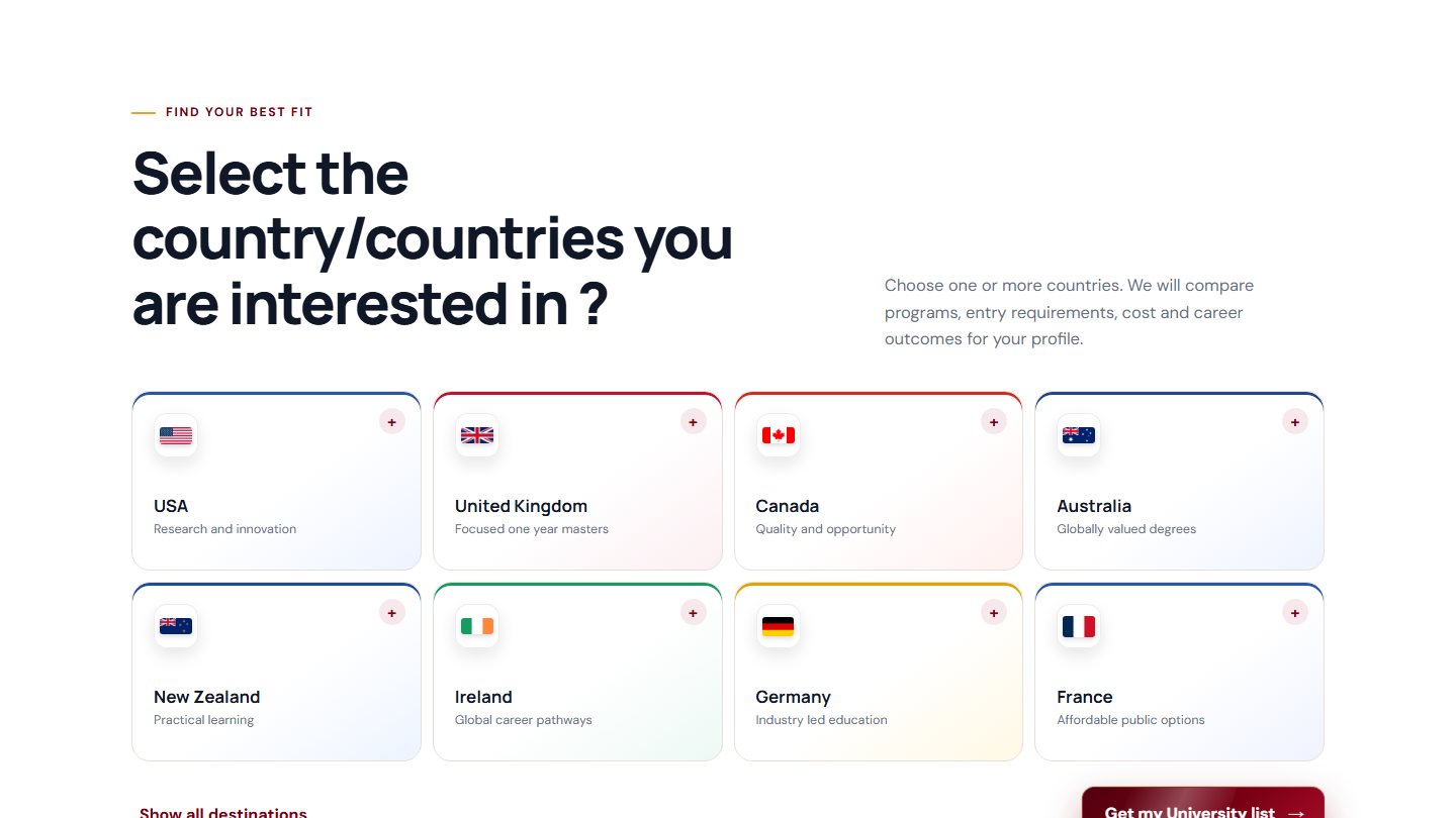Jaspire Foreign Education landing page showing study destinations